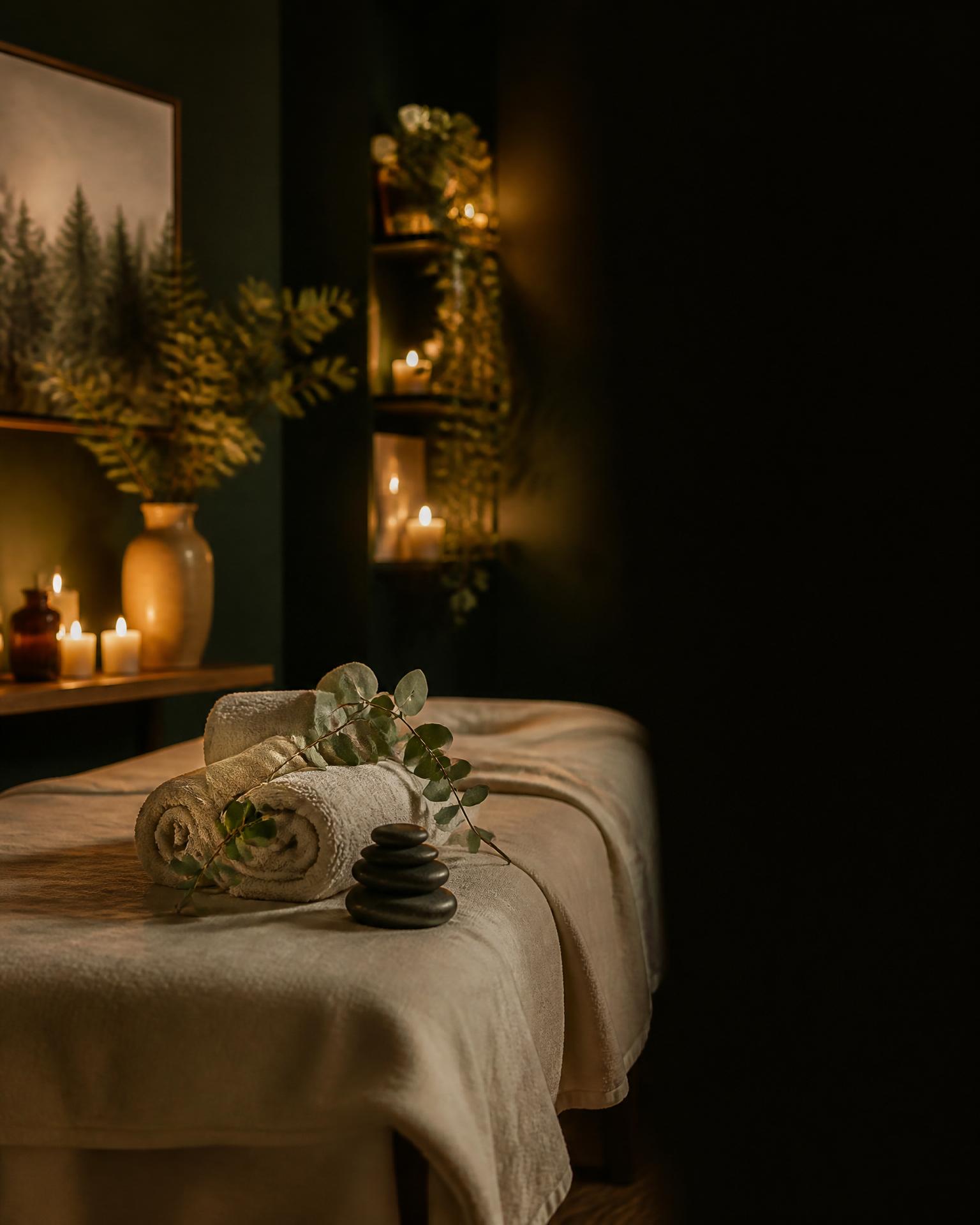 A softly lit massage room with candles, eucalyptus, and warm towels at Chehalis River Massage